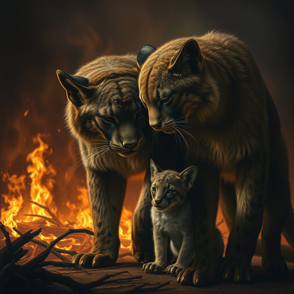 Saber-Toothed Cats Share a Moment Amidst Inferno