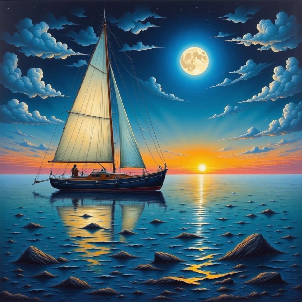 Pirate Ship Sailing Under Gibbous Moon