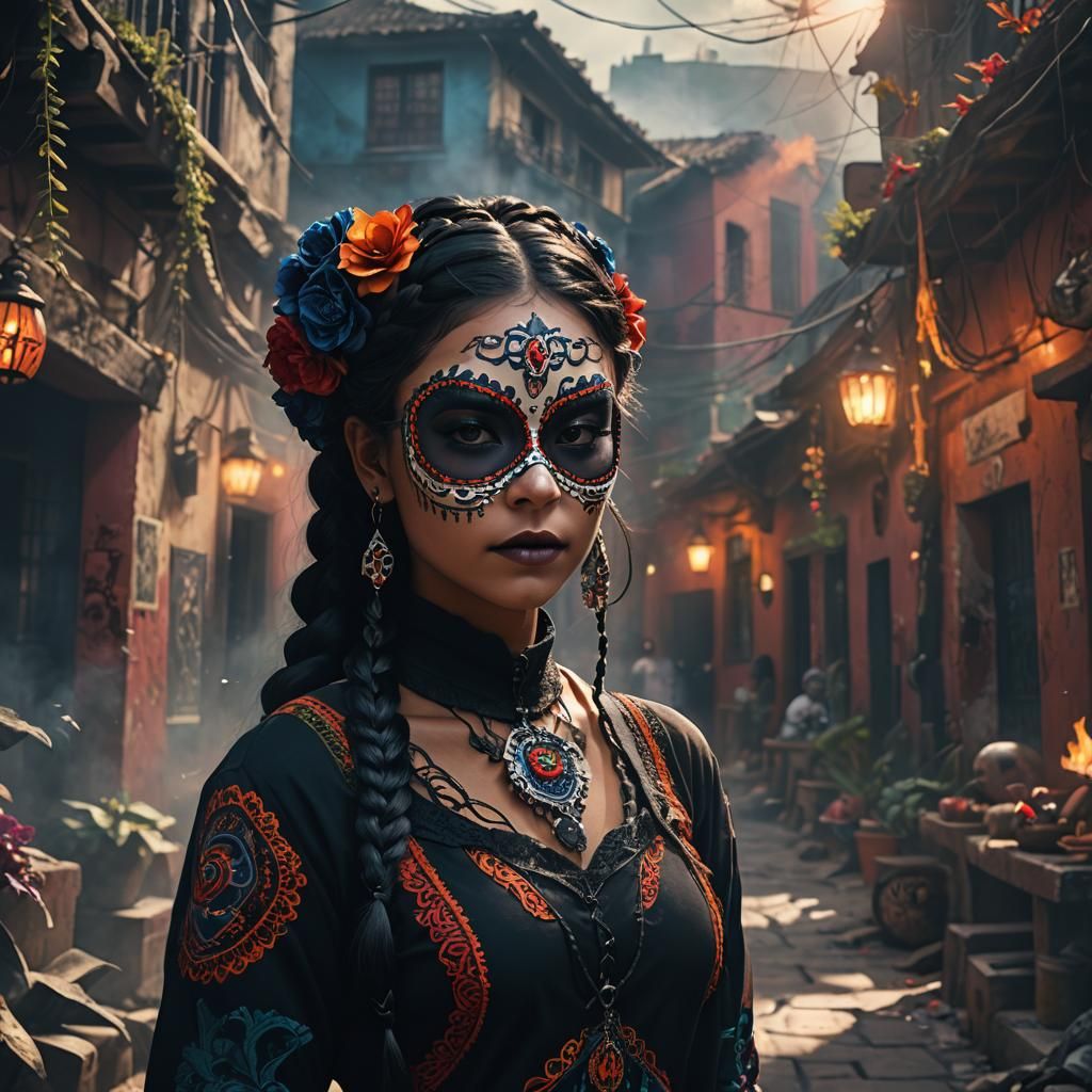 Colombian Girl with Catrina Mask in Comic Book Style