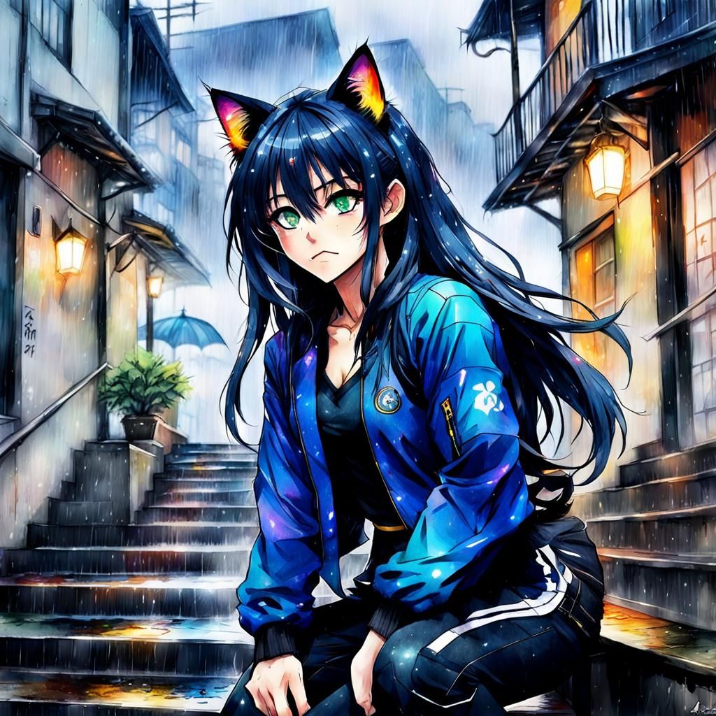 I want a girl with Cat ears blue and black jacket. in the rain by stairs in rainbow. long black pants. Her hair is long ...