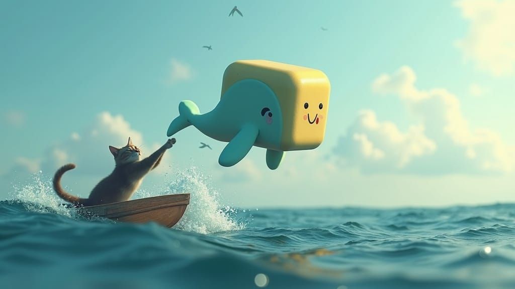 Hyperrealistic Whale Emerges from Cubed Ocean Waves