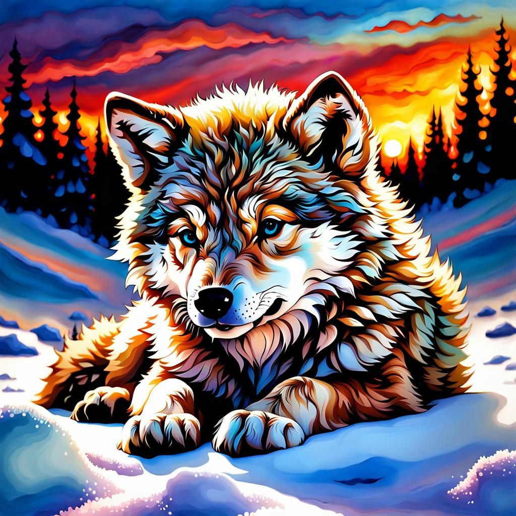 Chibi Wolf Cub Sleeping Peacefully in Snowy Landscape