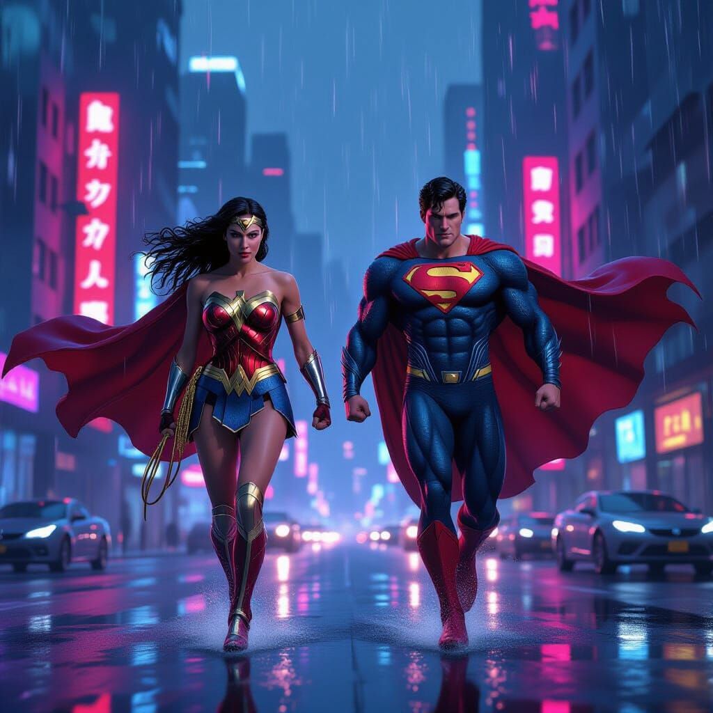 Wonder Woman and Superman Flying in Futuristic Cyberpunk Cit...