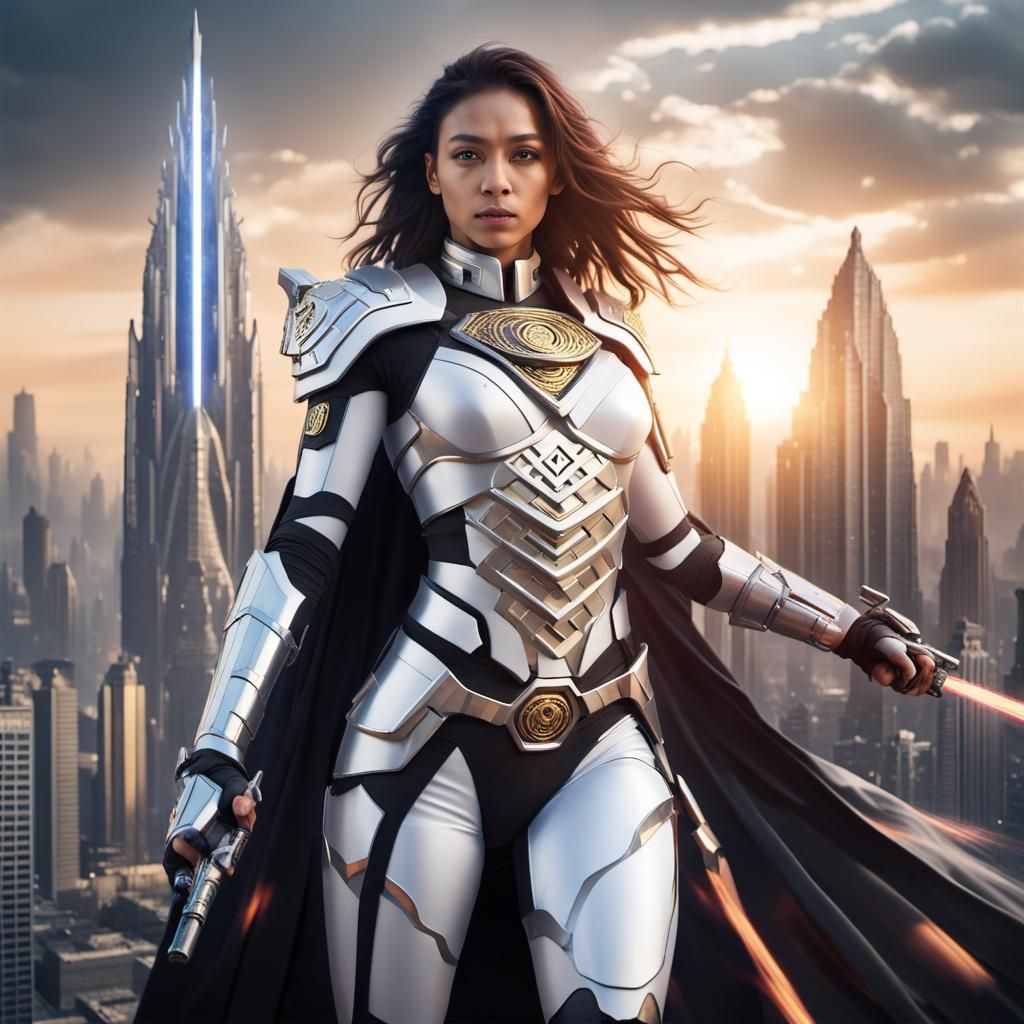 Futuristic Android Warrior Over Cityscape