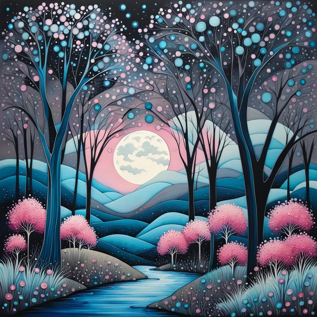 Moonlit Forest with Flowers in Alcohol Ink Style