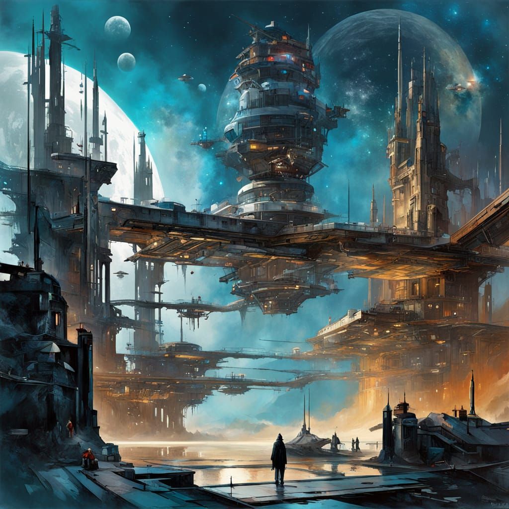 Futuristic Space Station Repaired by Mechs in Acrylic Art