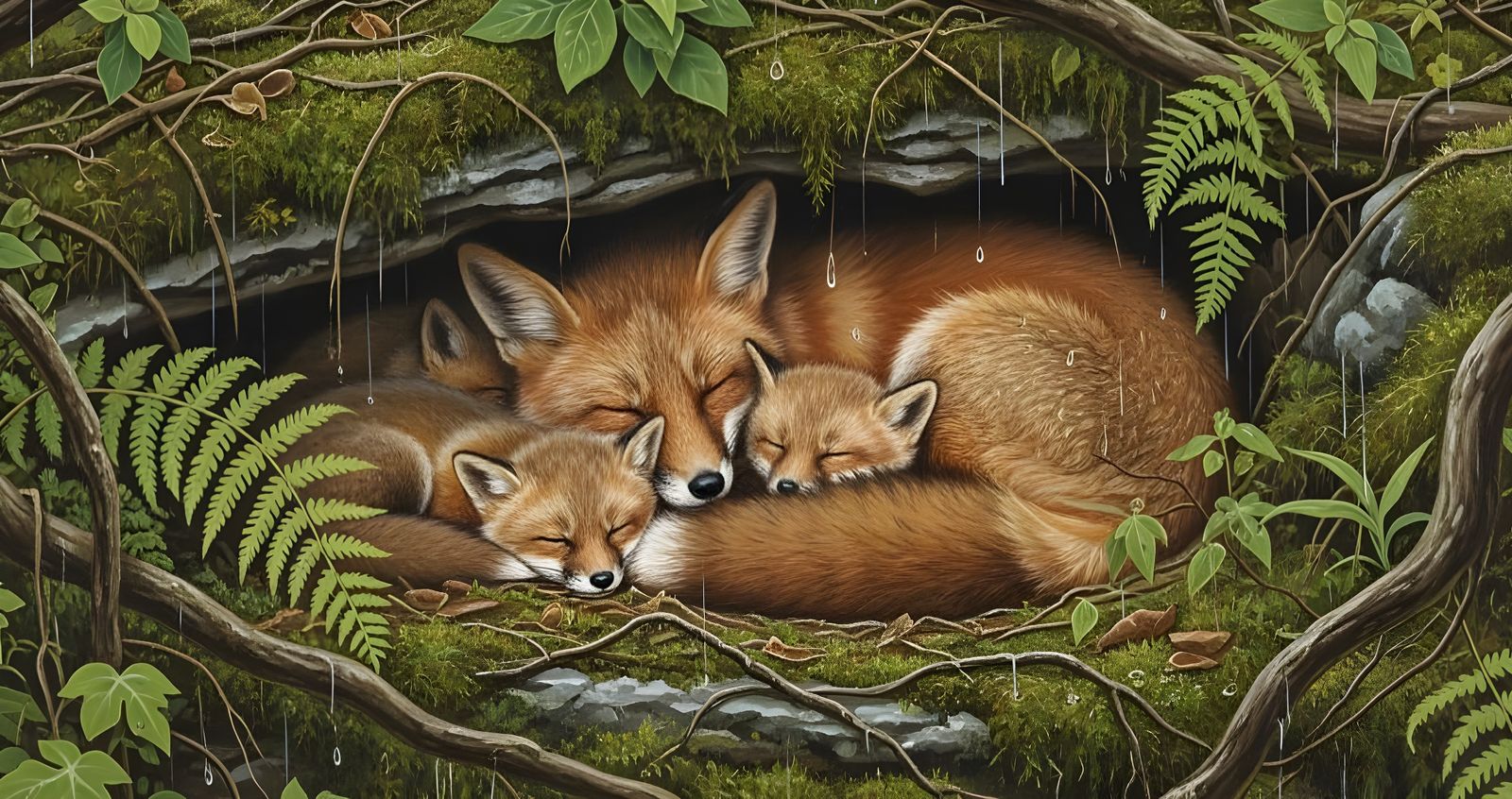 Fox Family Snuggled in Den as Oil Painting