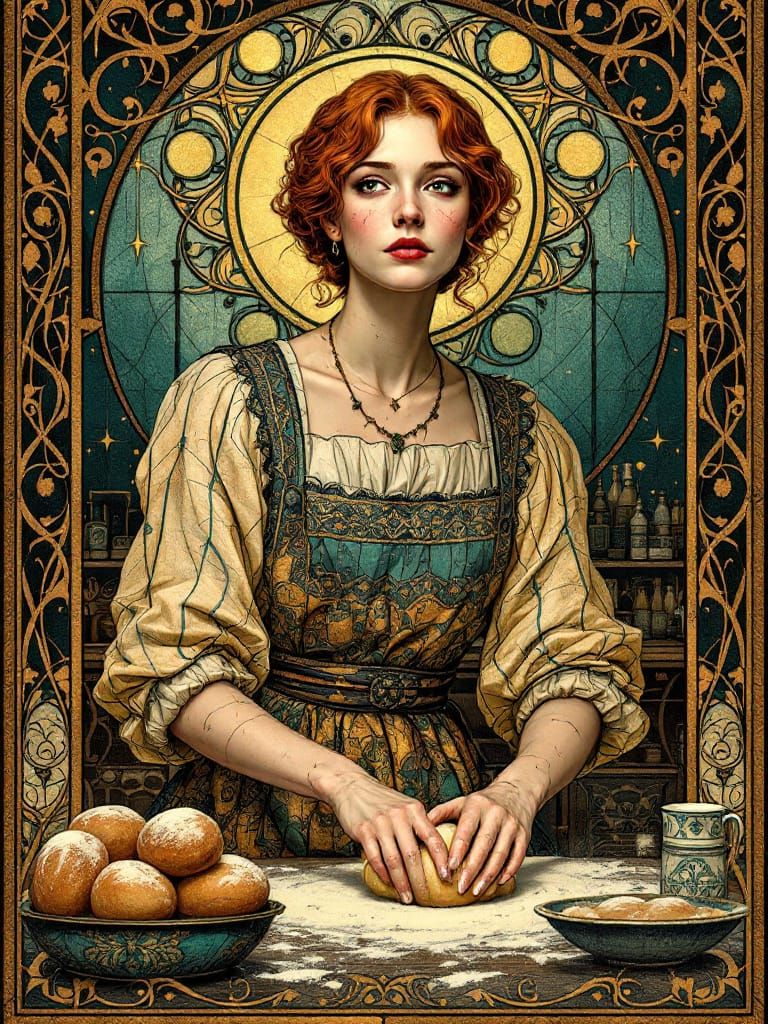 Art Nouveau Baker Kneading Dough with Luminous Stained Glass...