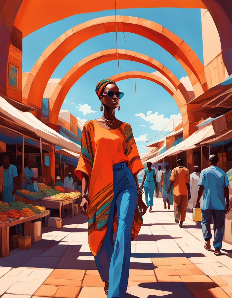 Afrofuturistic Woman in Marketplace, Digital Art