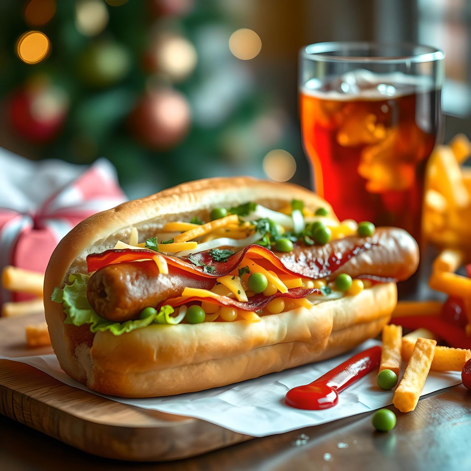 Realistic Hot Dog Still Life in Christmas Setting