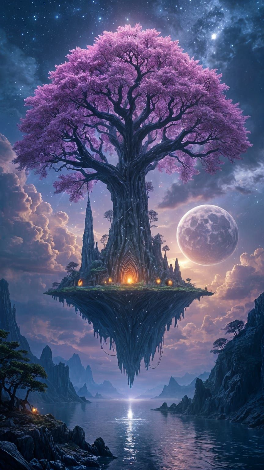 Glowing World Tree with Bioluminescent Runes in Dark Ocean