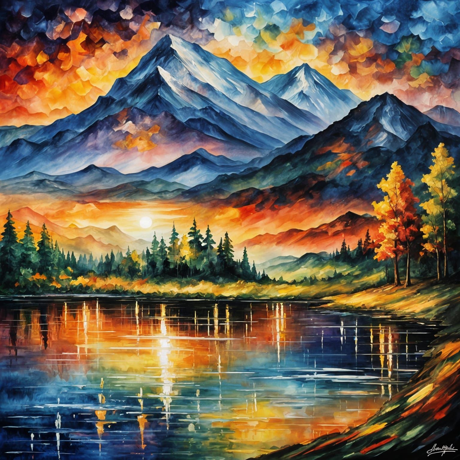 Colorful Mountain Landscape Painting with Reflective Lake