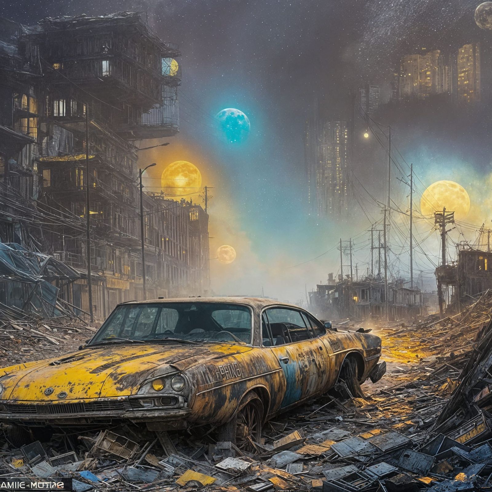 Abandoned City Car Under Moonlight in Impressionist Style