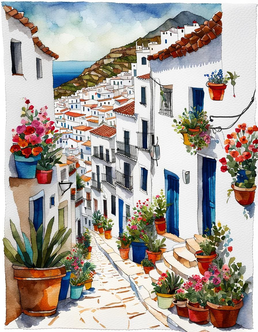 Fabric Collage of Frigiliana, Southern Spain