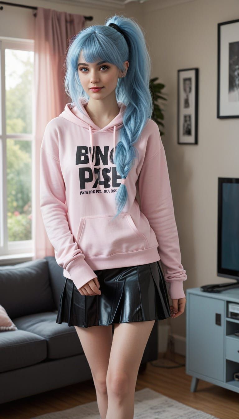 Emo Goth Woman in Pink Hoodie Enters Living Room