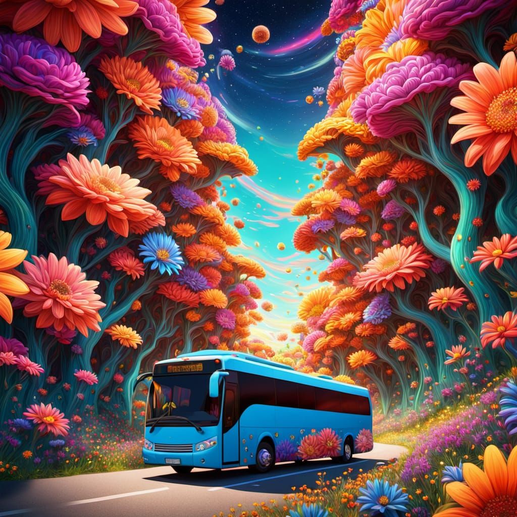 Tour Bus Through Vibrant Landscape in Psychedelic Style