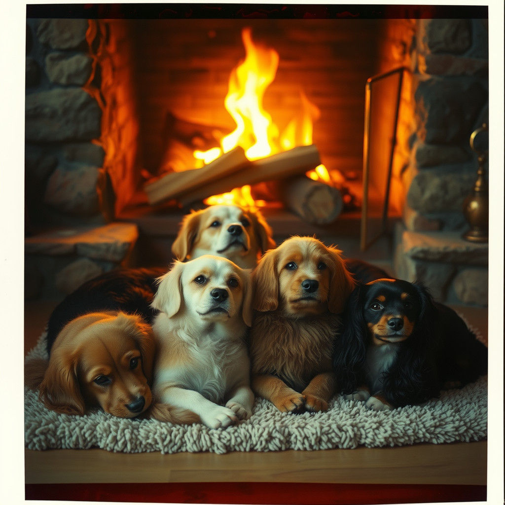 Cozy Dogs Snuggle by Fireplace in Polaroid Style