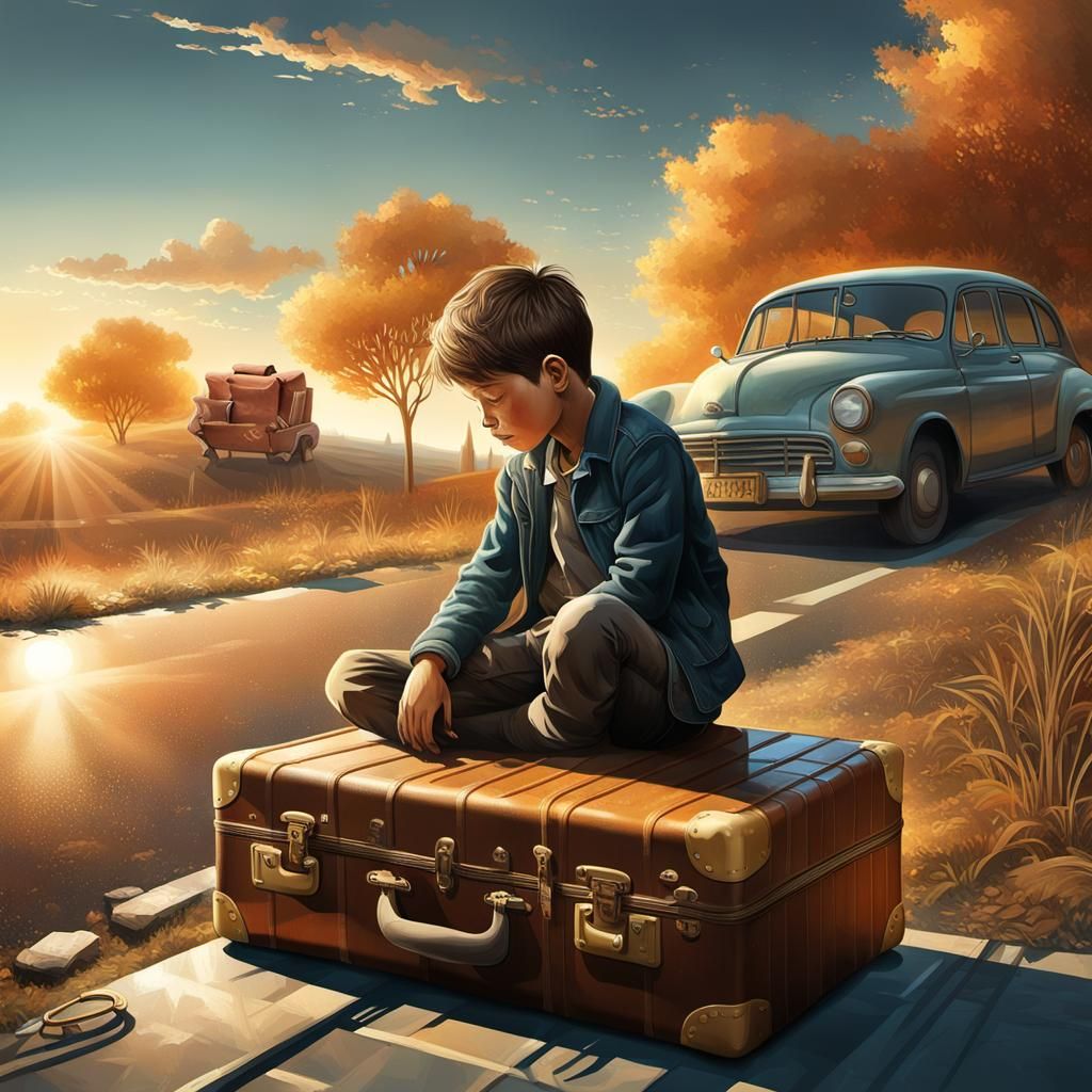 Boy Crying with Four Seasons Double Exposure