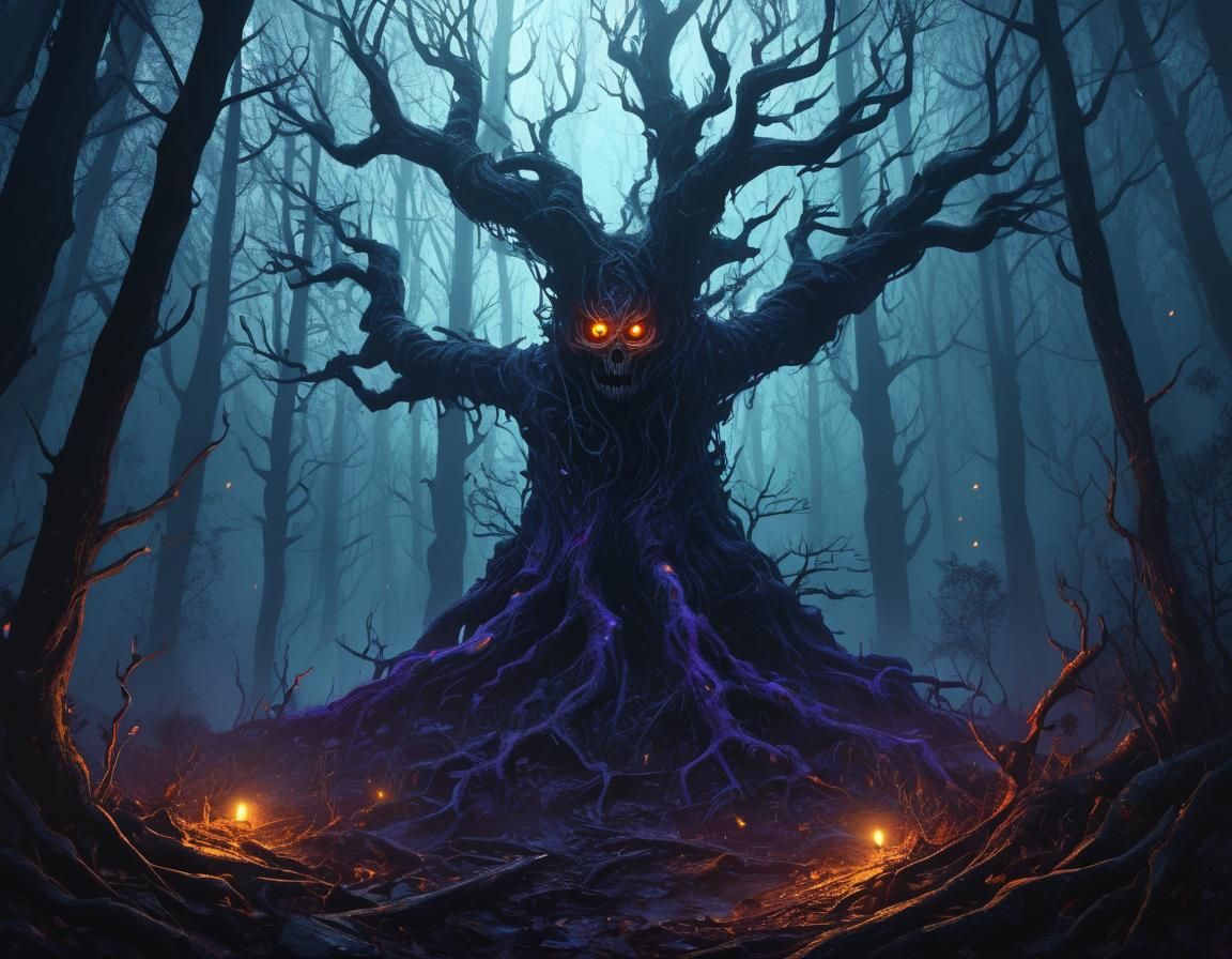 Eerie Forest with Glowing Eyes, Dark Fantasy Art
