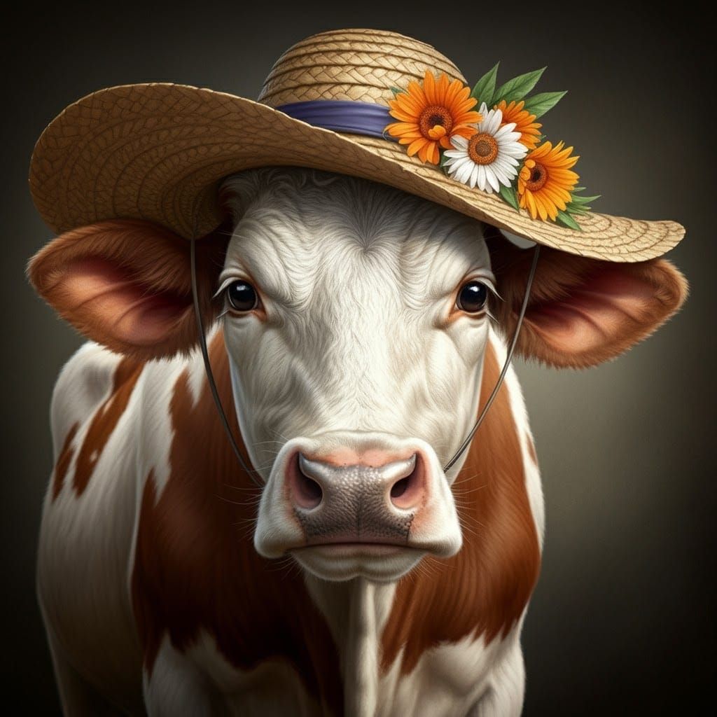 Cow in Straw Hat with Flowers