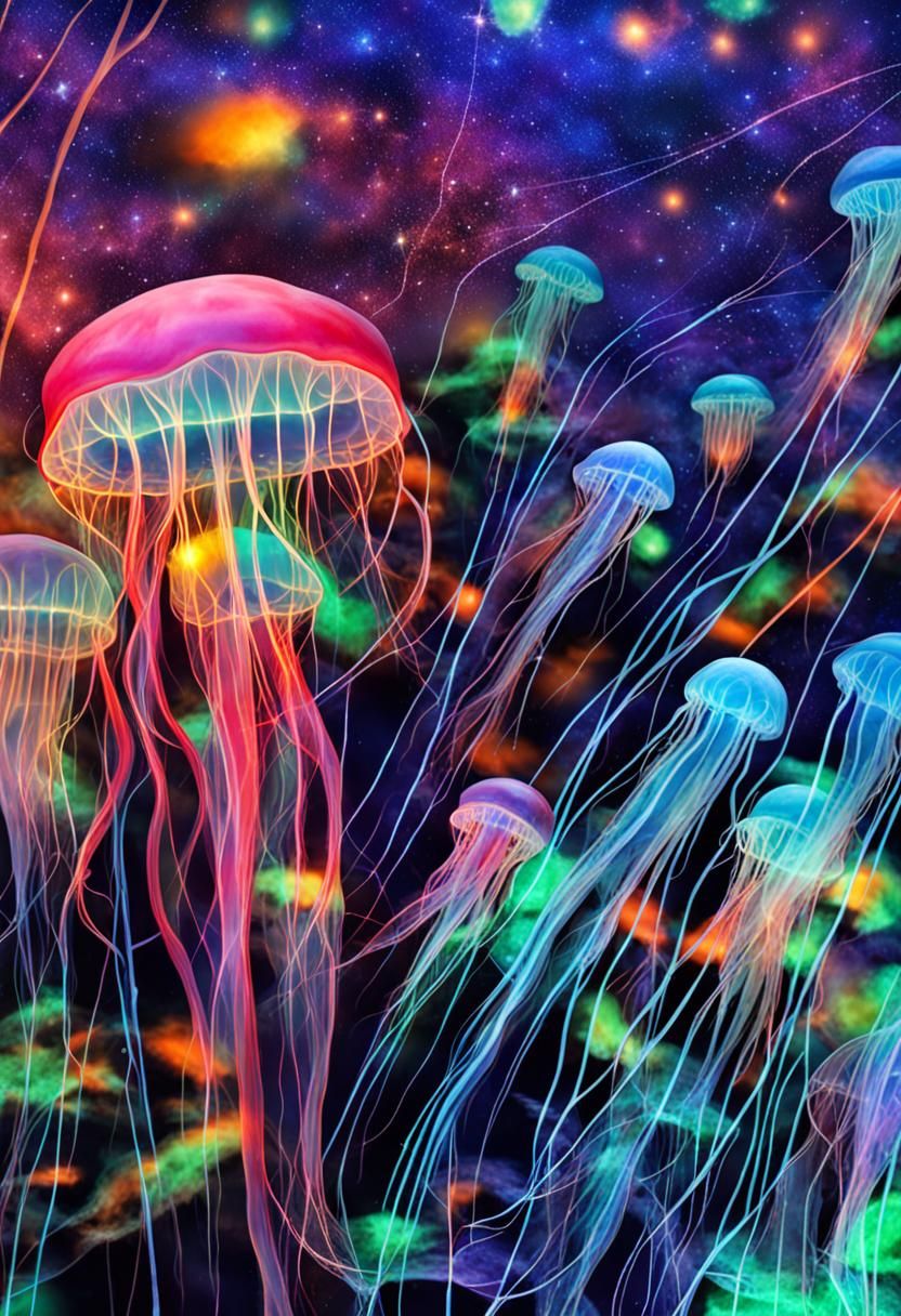Bioluminescent Jellyfish Drifting Through Space