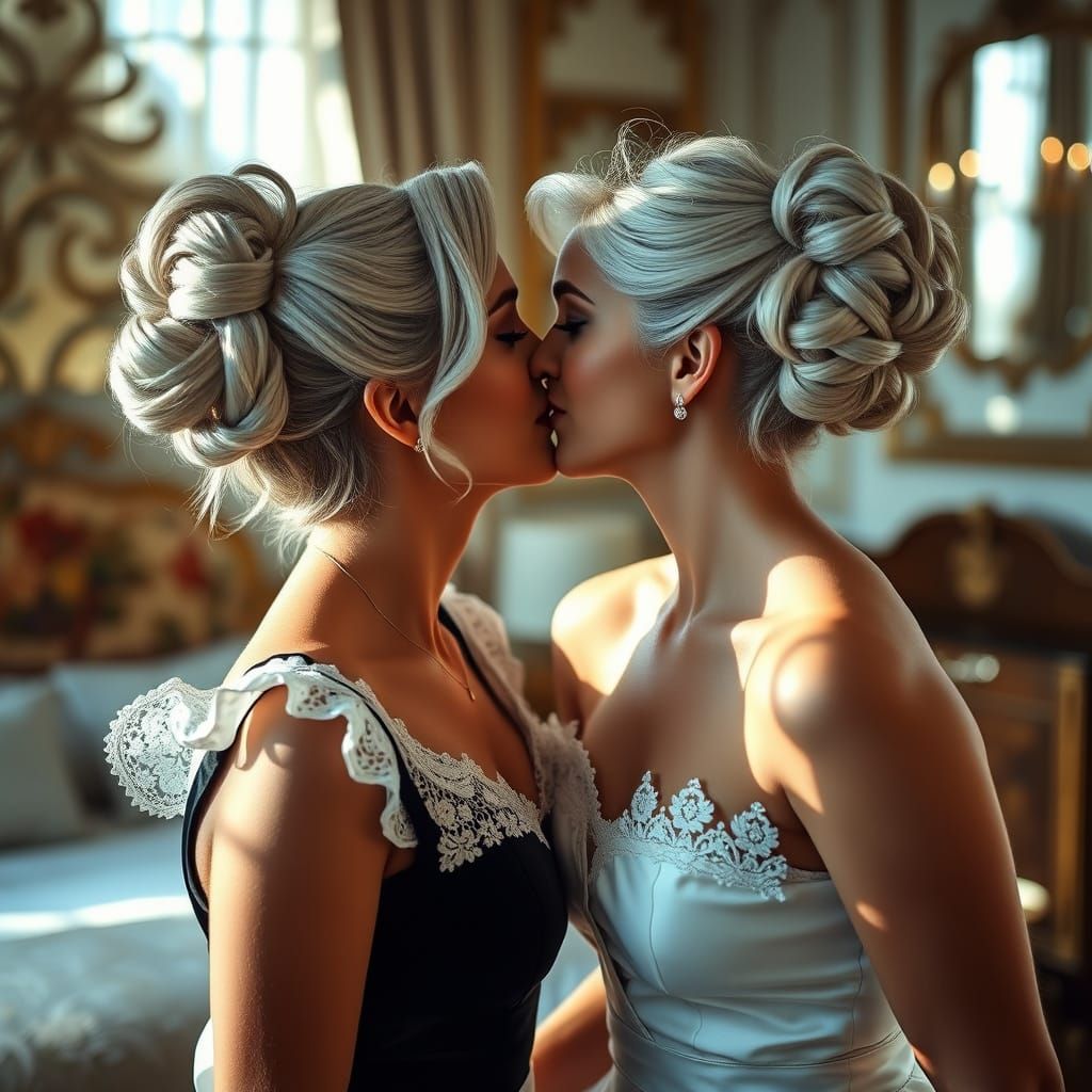 Elegant Women Share Tender Kiss in Luxurious Bedroom