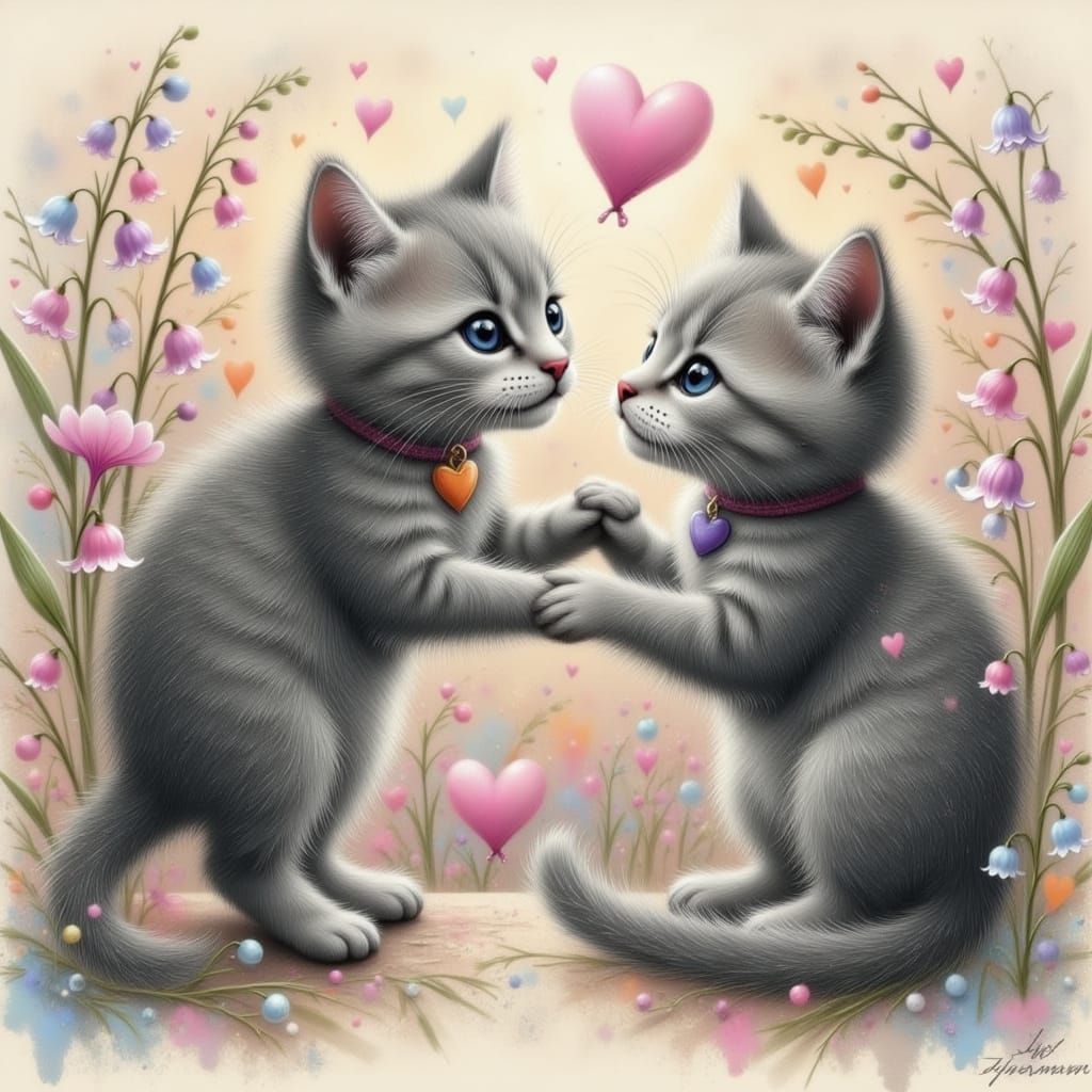 Two Adorable Gray Kittens Playful Scene