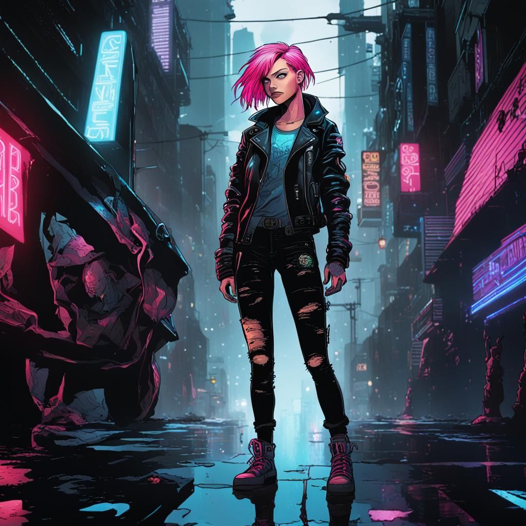 Cyberpunk Woman in Urban Graphic Novel Artwork