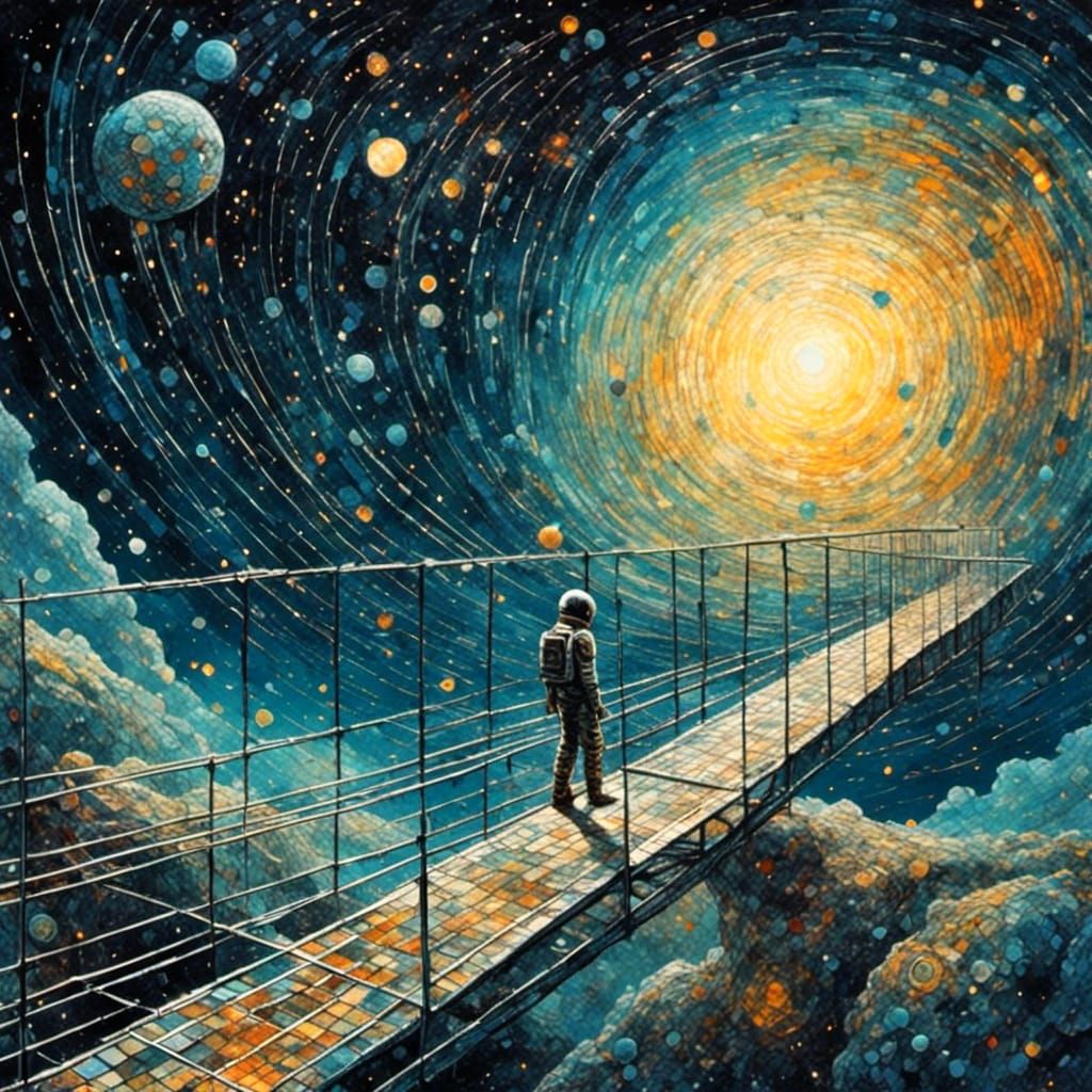 Astronaut on Glass Bridge in Abstract Futurism Style