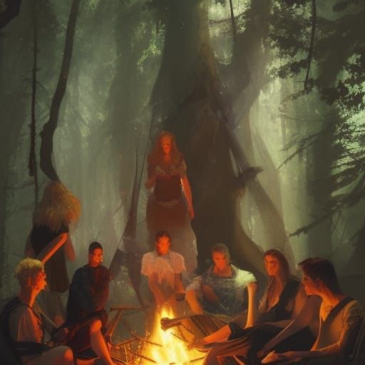 Fantasy Heroes Gathered Around Campfire Portrait