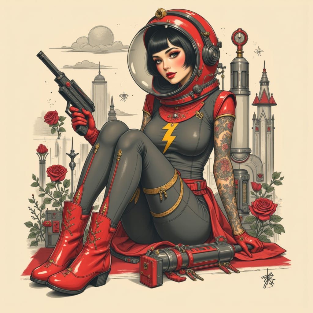 Retro Space Girl in Tattoo Art Nouveau Style