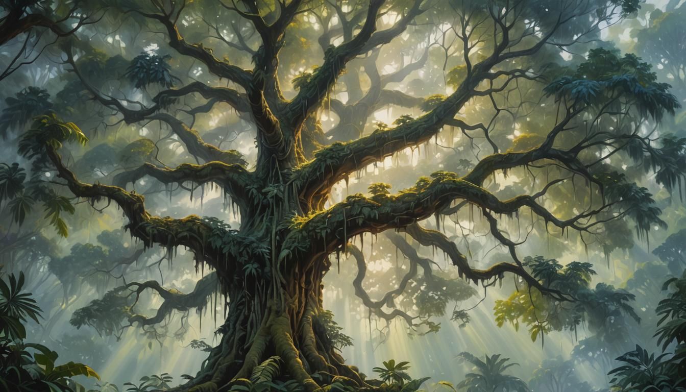 Mystical Glowing Tree in Impressionist Oil Painting