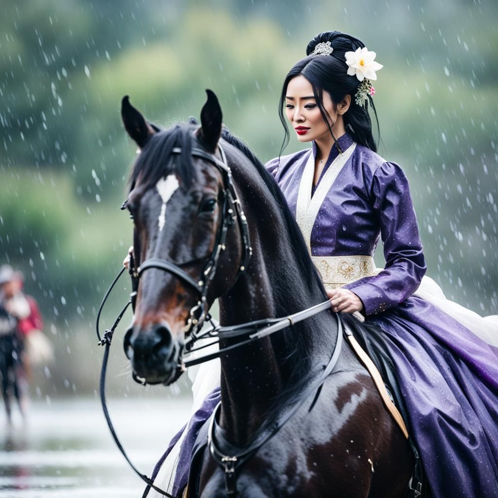 Elegantly Riding a Black Stallion in the Rain