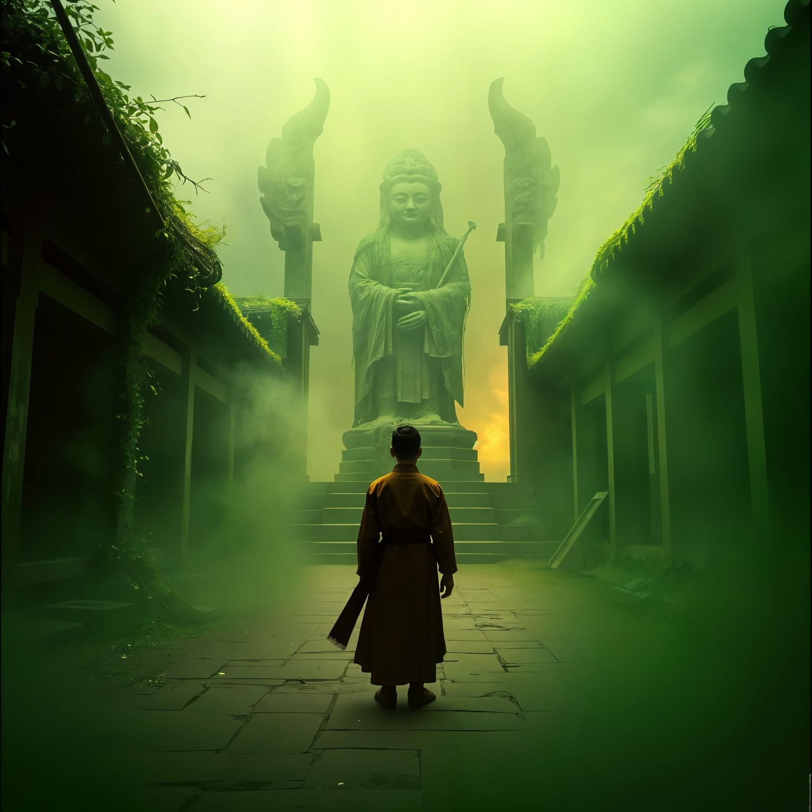 Abandoned Taiwanese Temple in Eerie Green Fog