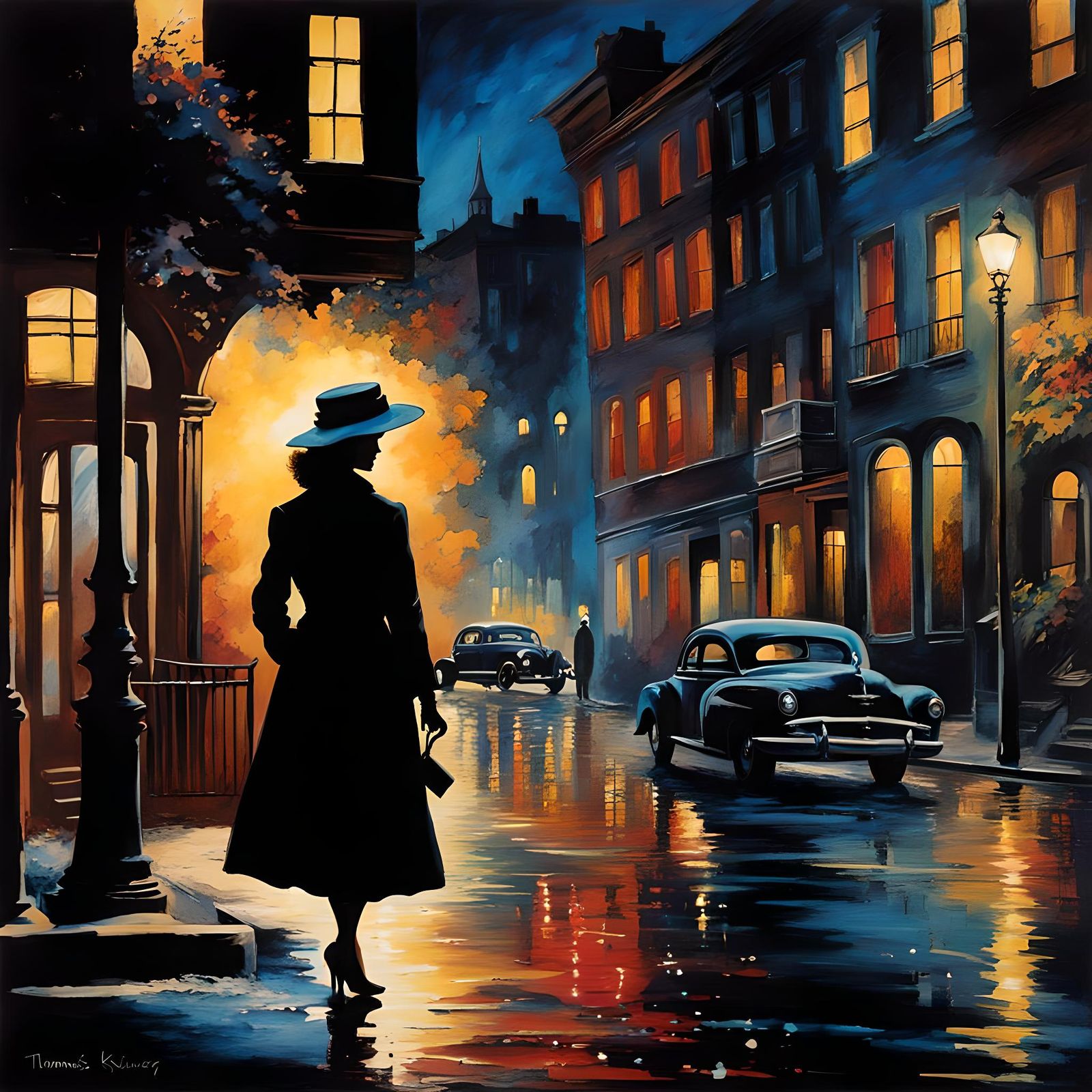 Night Street Silhouette in Film Noir Style