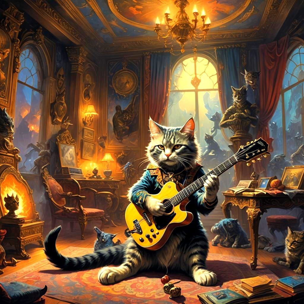 Cat Playing Guitar in Detailed Digital Painting