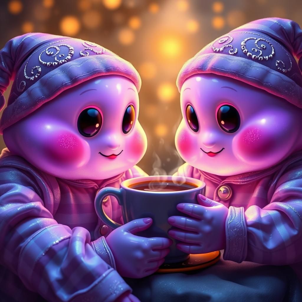 Alien purple cute marshmallow blobs with many eyes in pajama...