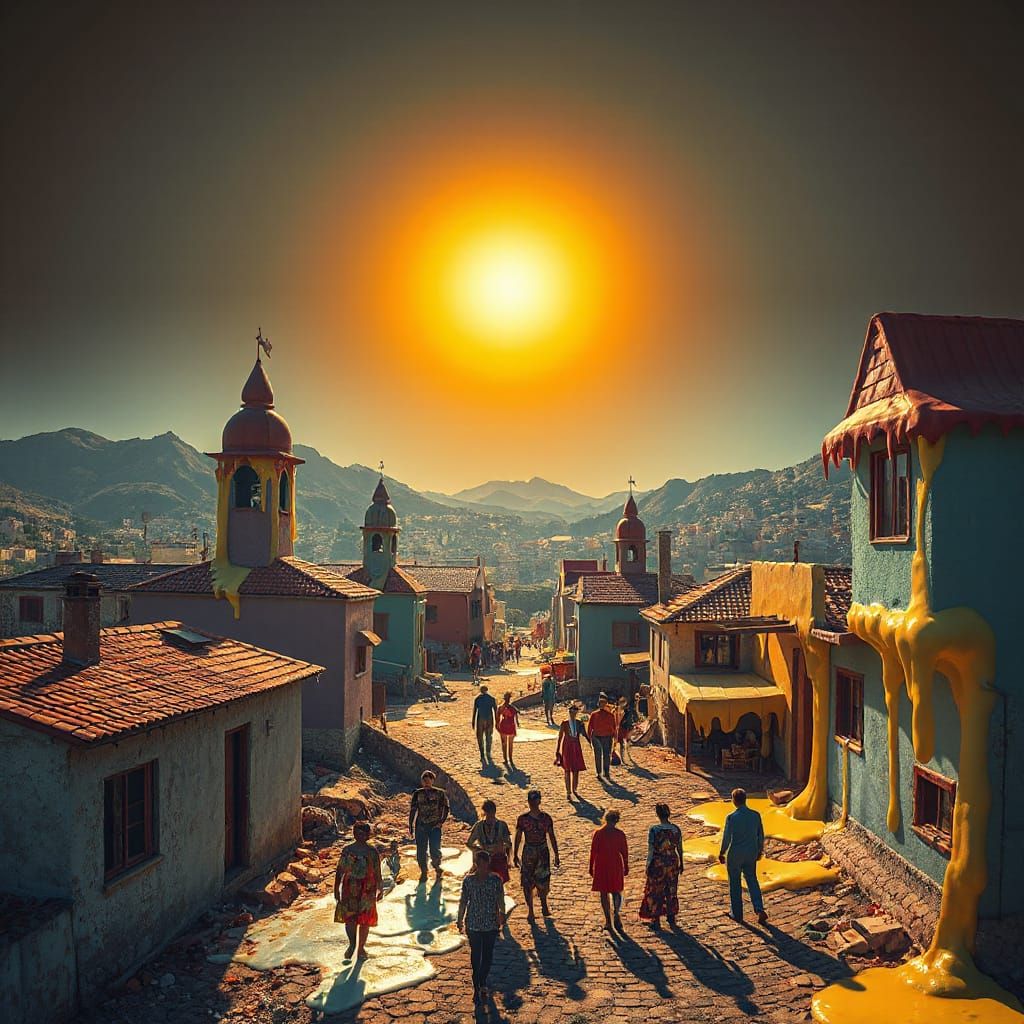 Surreal Melting Town in Fiery Sun