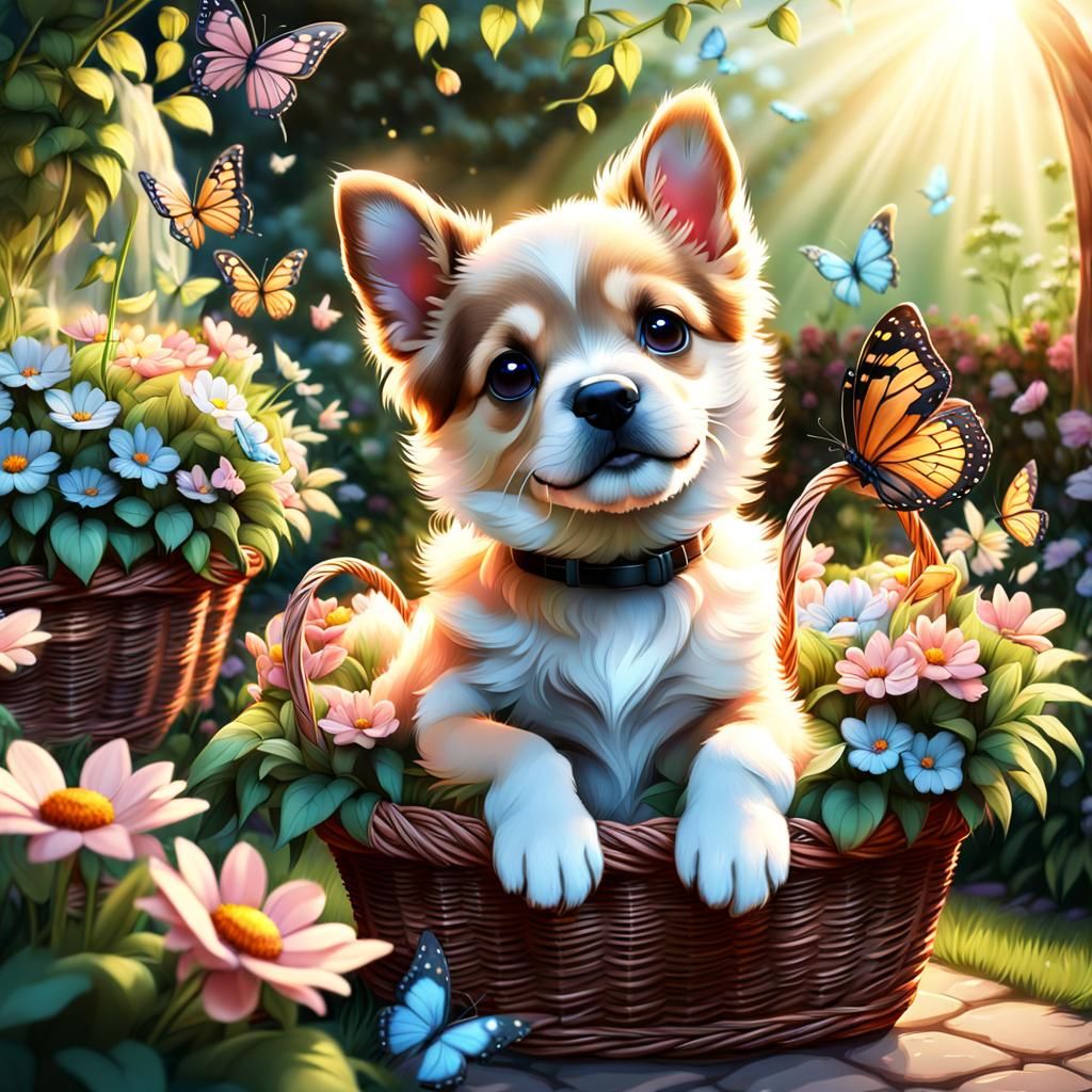 Puppy in Flower Basket: Vibrant 3D Digital Art