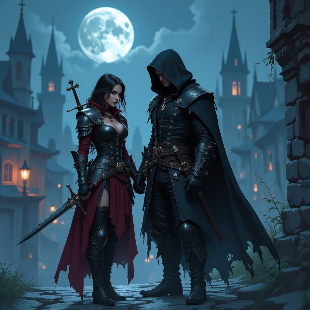 Vampire Hunter and Rogue Vampire in Gothic Cityscape