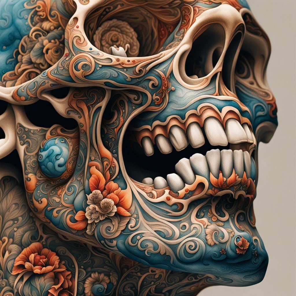 Tattooed Molar Skull in Moebius Hyperrealism