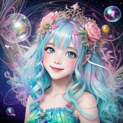 Detailed Surreal Fairy Playing with Bubbles