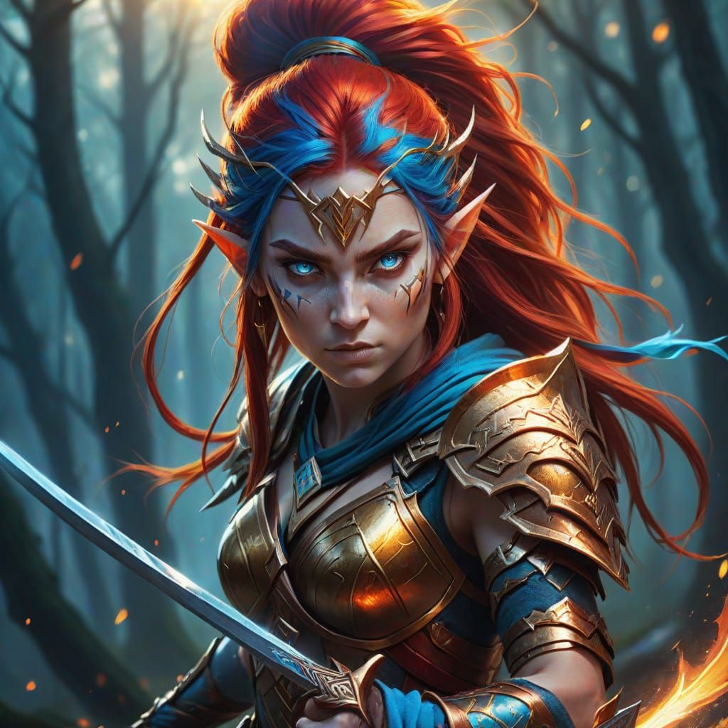 Fierce Elf Warrior in Mystic Forest, Digital Art