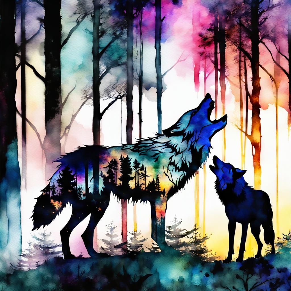 Watercolor Wolves Silhouette in Dark Forest