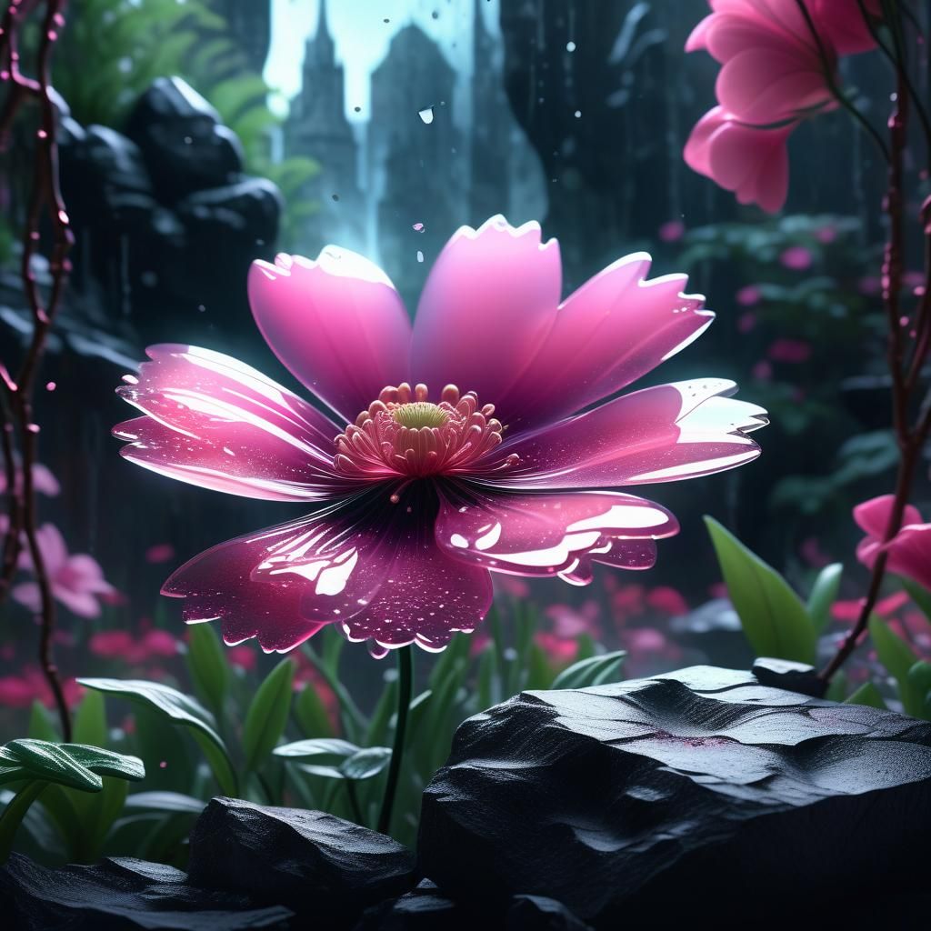 Pink Flower in Mystical Garden Digital Painting