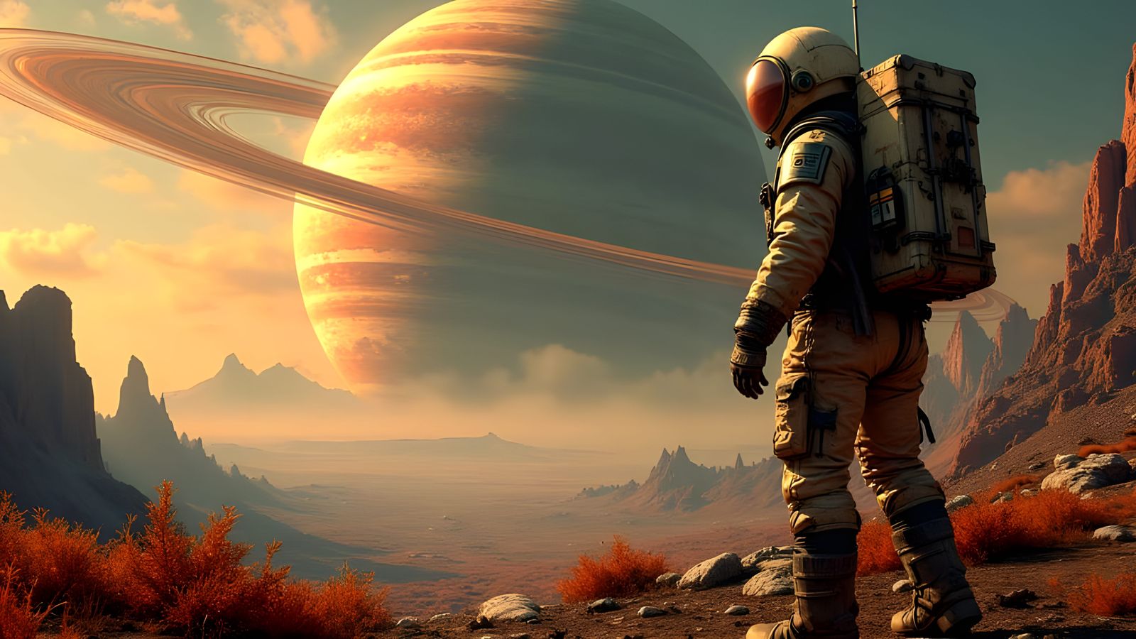 Astronaut Gazing at Ringed Planet in Alien Sky