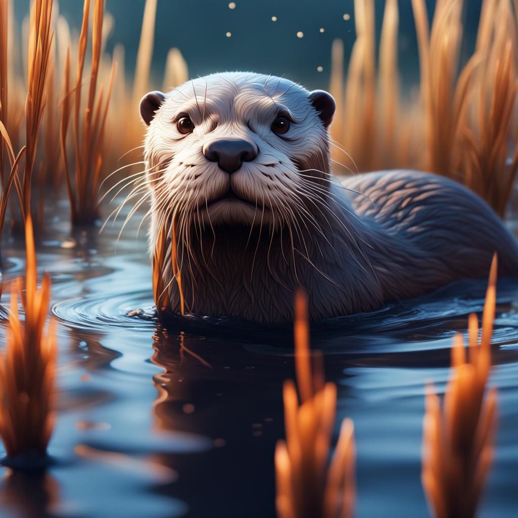 Otter in River with Bulrush Flowers: Detailed Matte Painting