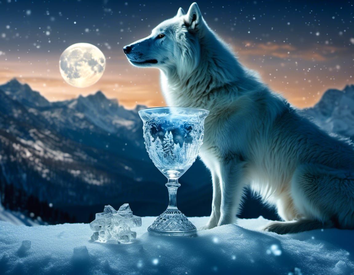 Crystal Goblet with Snow White Dire Wolf Under a Starry Nigh...