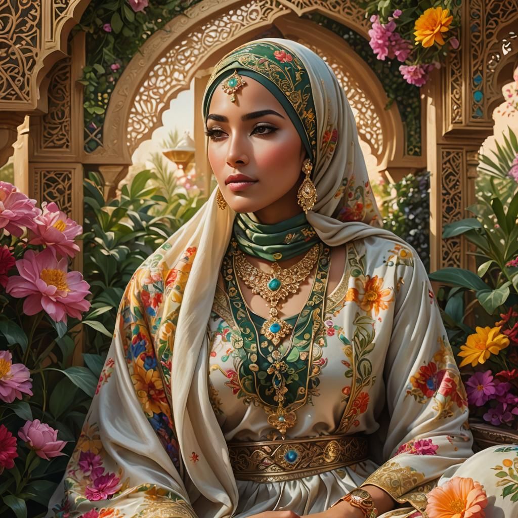 Majestic Arabic Woman in Floral Pavilion, Hyperrealistic Oil...