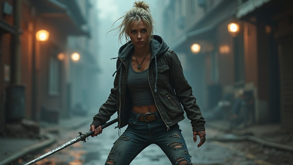 Surreal Woman Stands Ready in Gritty Urban Landscape